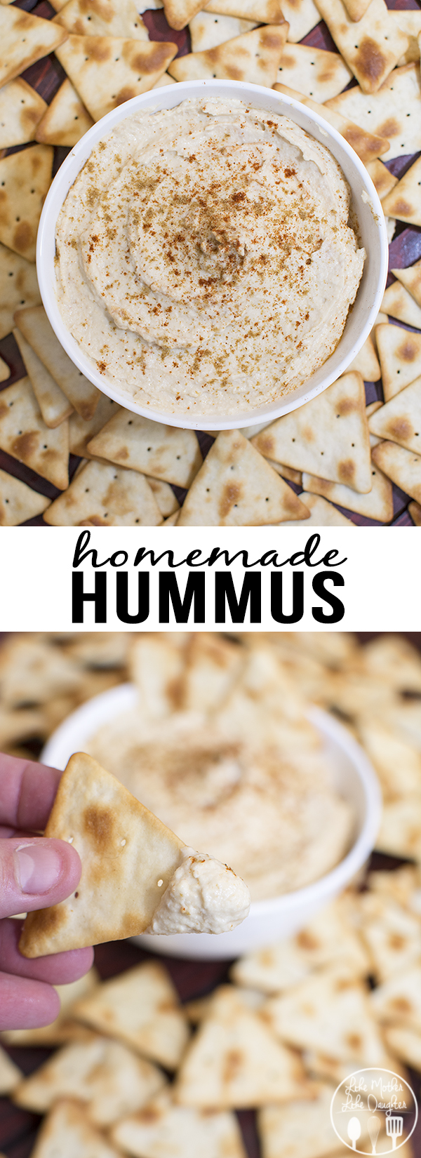 Title card for homemade hummus with text.