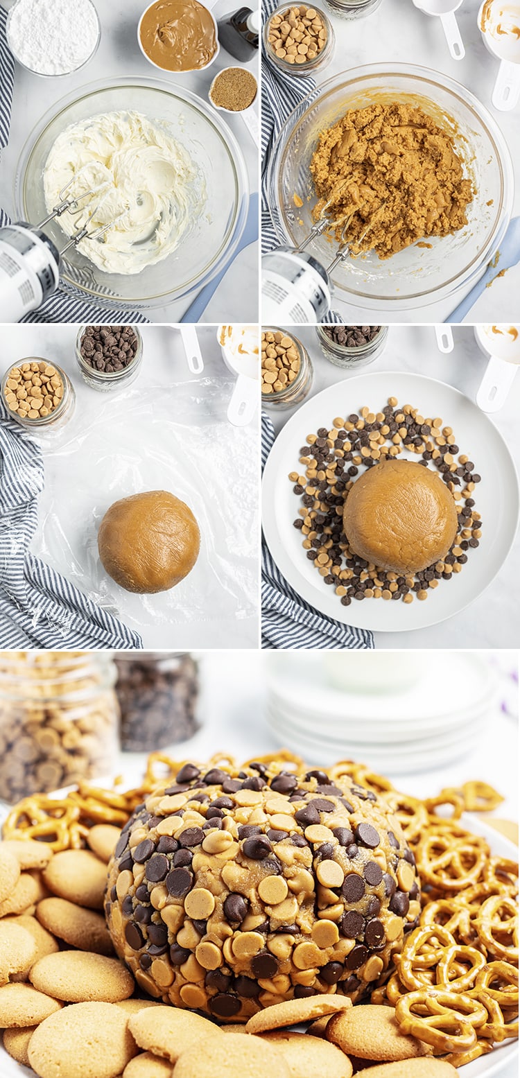 Step by step photos of how to make a peanut butter cheese ball. The first is a photo of cream cheese in a bowl. The second is a photo of the peanut butter added to the bowl. The third is the cheese ball on plastic wrap. The fourth is the cheese ball on a plate of chocolate chips, The last is the completed peanut butter cheese ball.