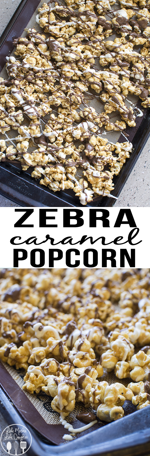 Title card for zebra caramel popcorn with text.