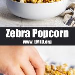 A collage of two photos of zebra caramel popcorn with a text block between them.