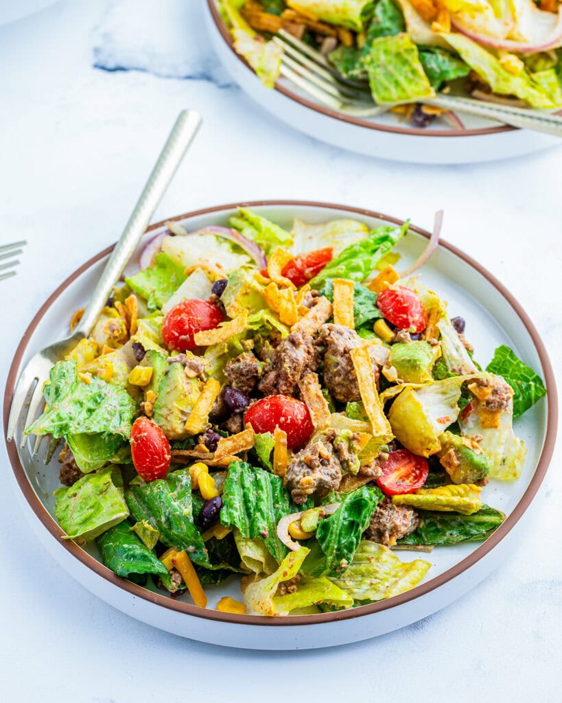 A small plate of beef taco salad. 