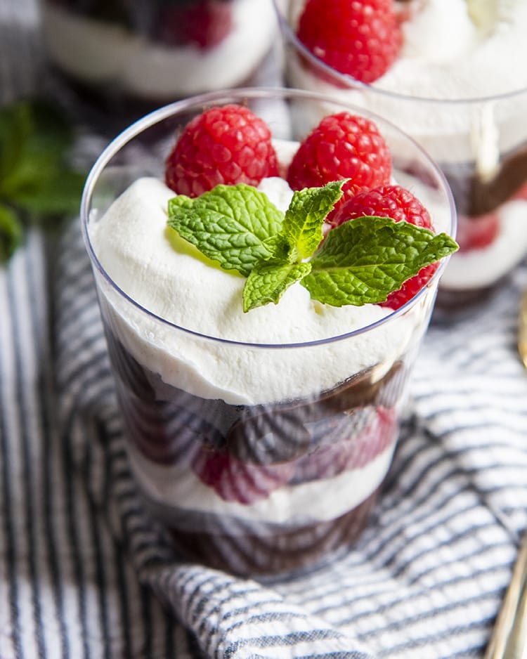A top shot of a brownie trifle cup with mint on top.