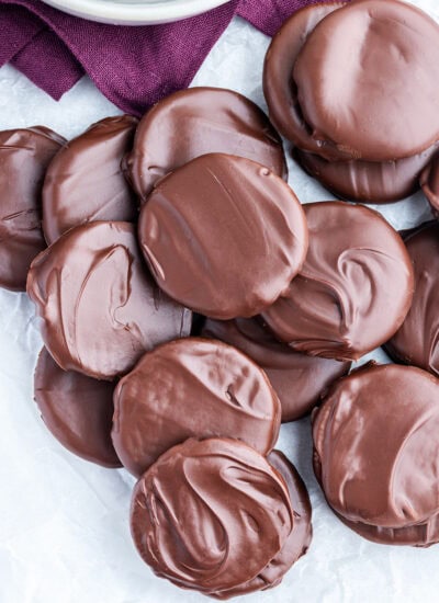 An above view of chocolate coated oreos, to make homemade thin mints.