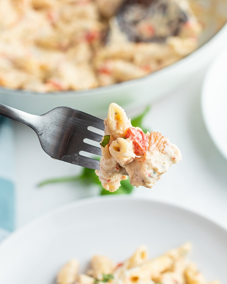 A bite of cheesy chicken pasta on a fork.