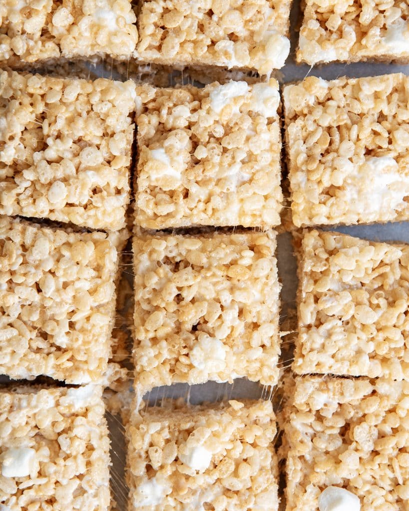 An overhead photo of rice krispie treat squares.