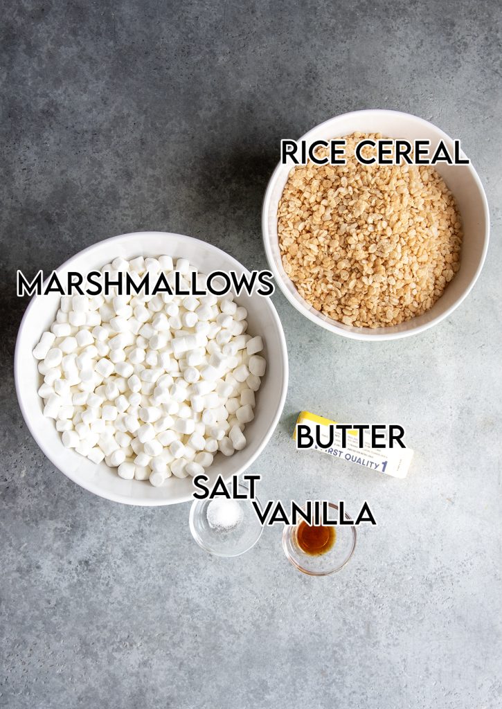 An overhead photo of the ingredients needed to make the best rice krispie treats at home.