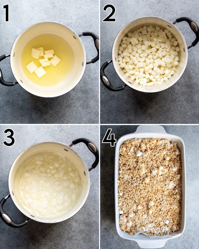A collage of 4 photos showing how to make rice krispie treats.