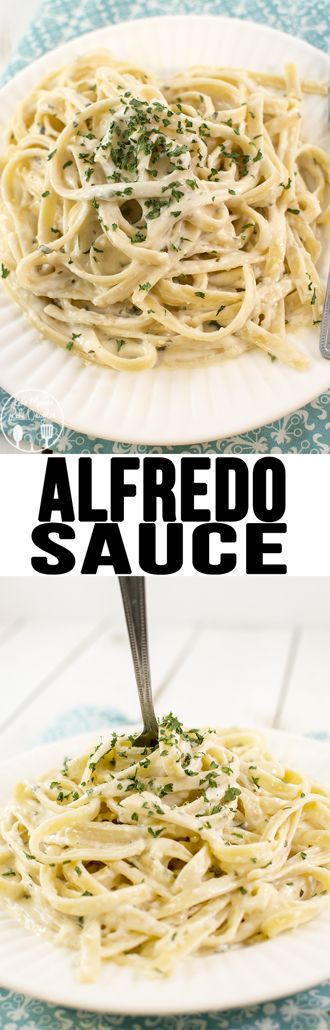 A collage of two photos of alfredo sauce on fettucine noodles.