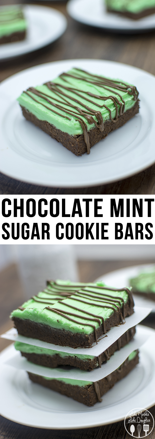 Title card for chocolate mint sugar cookie bars with text.