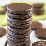 Side view of copy cat thin mints stacked on top of each other.