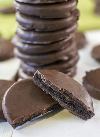 Close up view of copy cat thin mints stacked on top of each other.