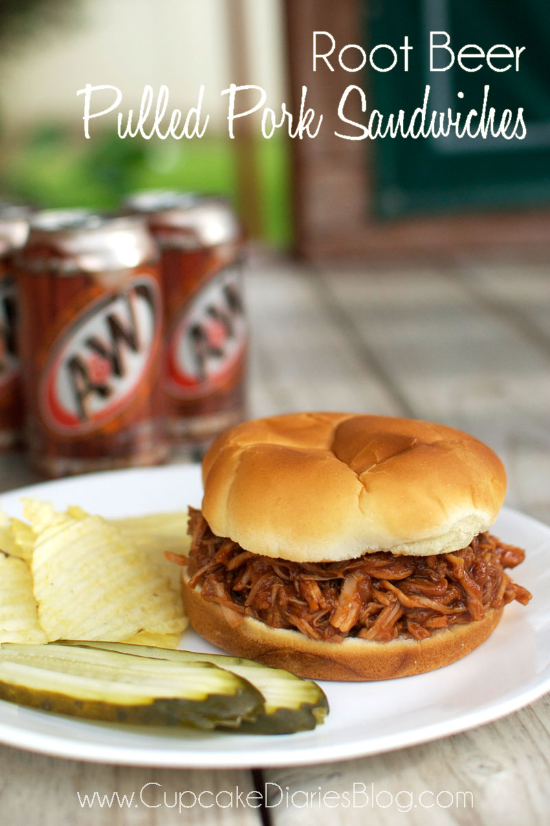 Front view of root beer pulled pork sandwiches on a white plate.