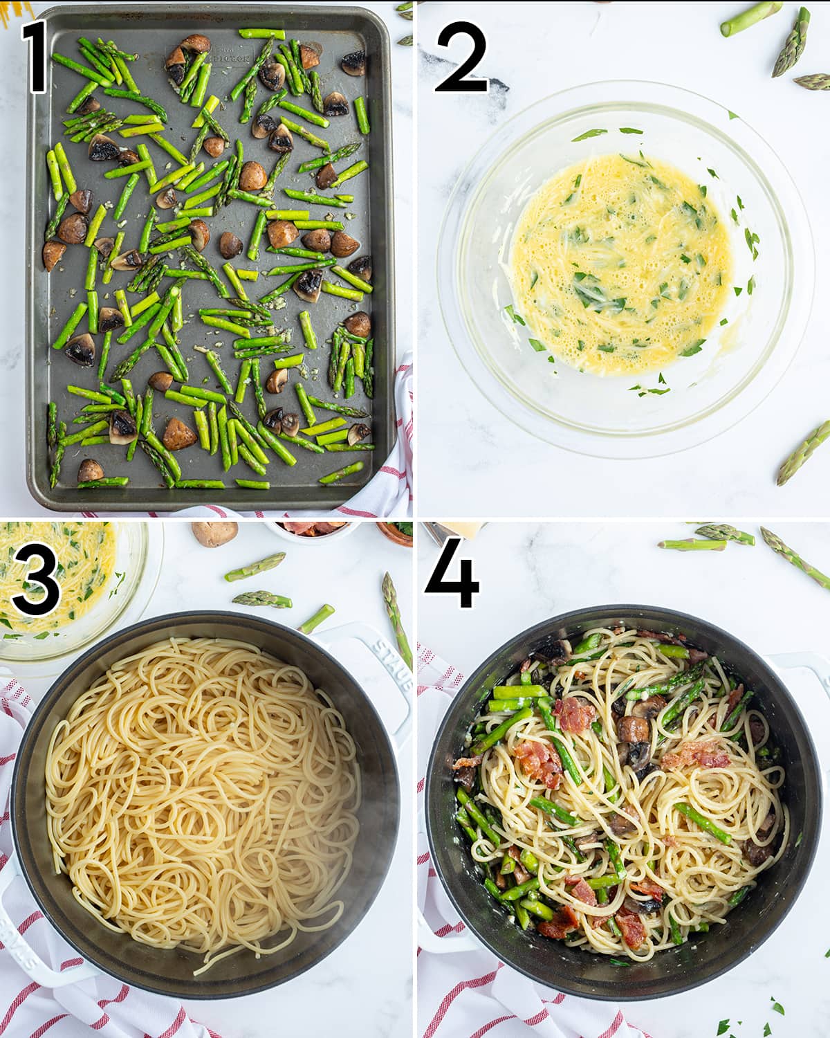 A collage of 4 photos showing how to make asparagus carbonara pasta. 