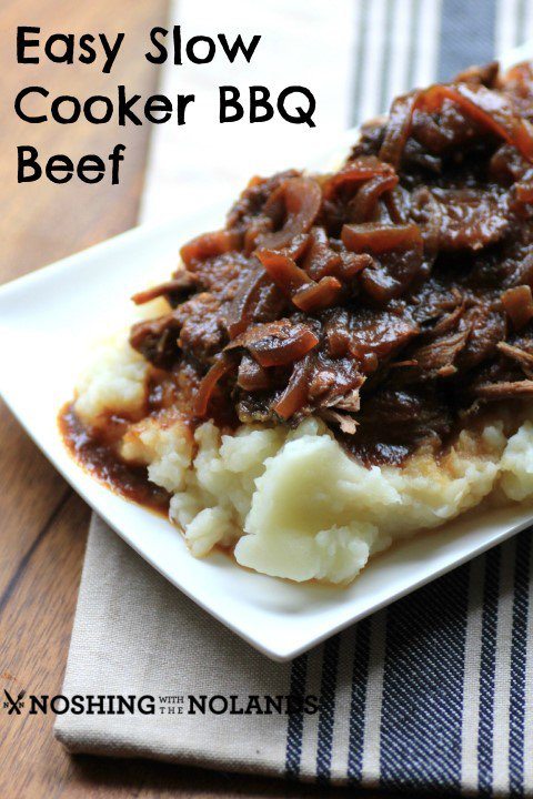 Close up view of easy slow cooker bbq beef.