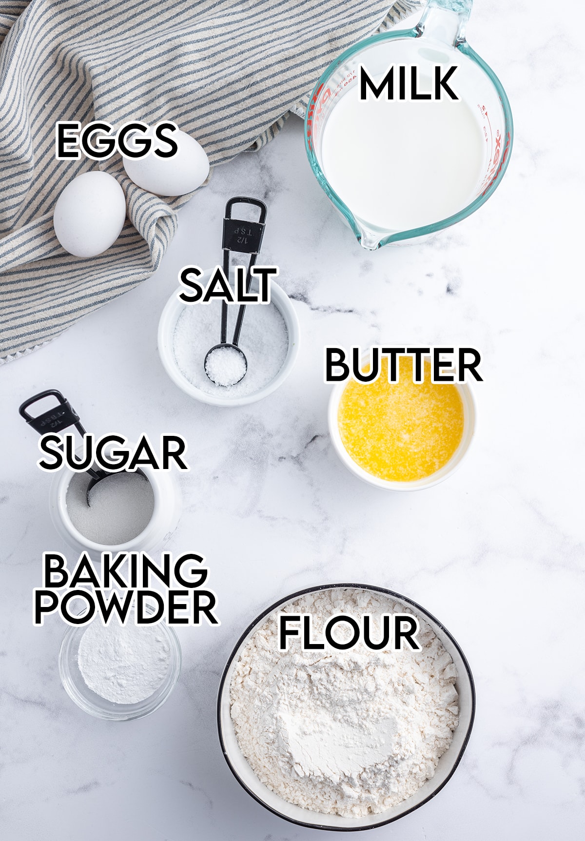 The ingredients needed to make butter waffles, labeled over them. 