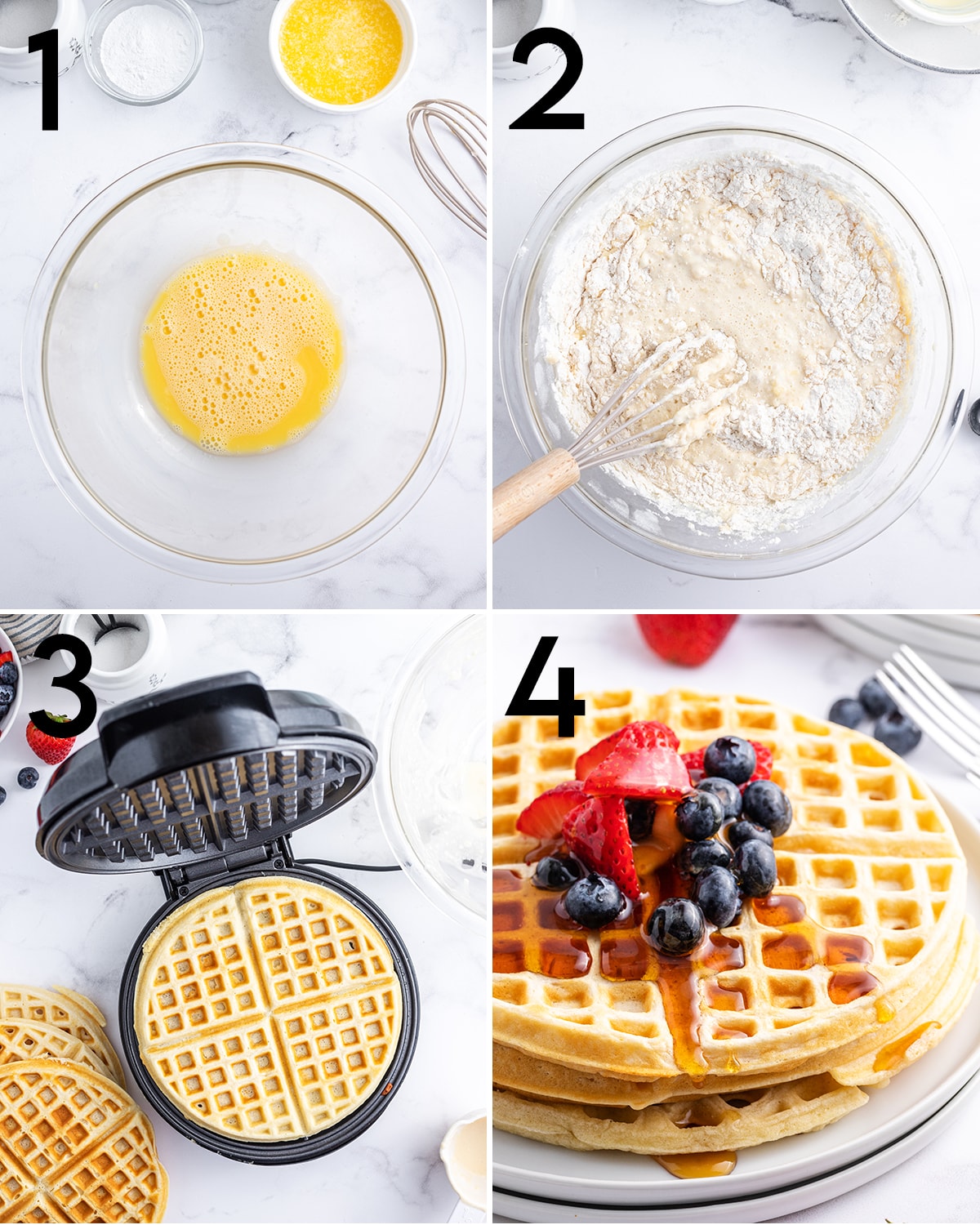 A collage of four photos showing how to make golden butter waffles.