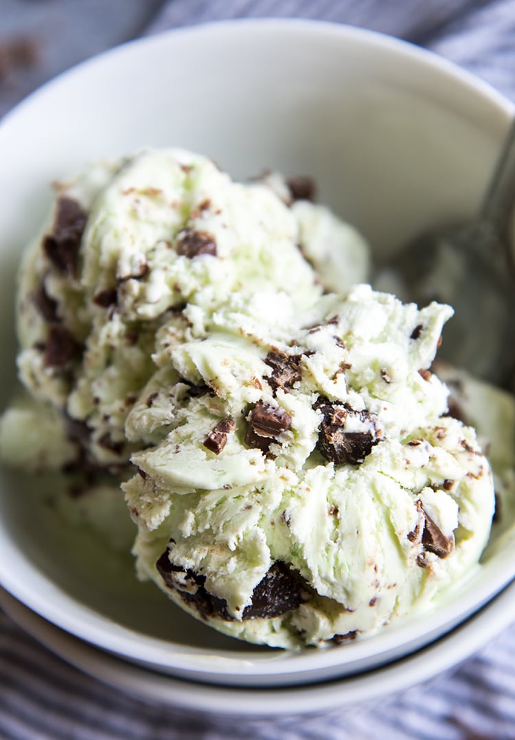 A close up of green mint chocolate chip ice cream in a white bowl. 