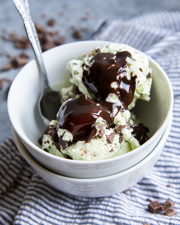 A bowl of mint chocolate chip ice cream with hot fudge on top.