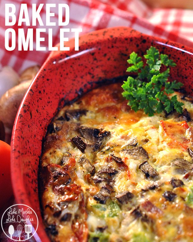 Top view of baked omelet in a red casserole dish.