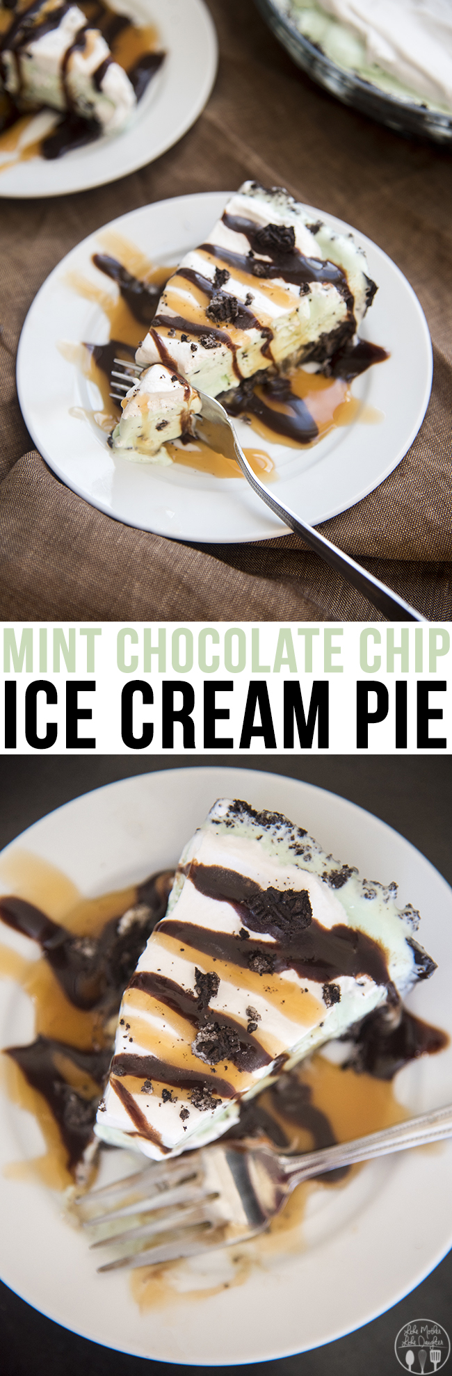 Title card for mint chocolate chip ice cream pie with text.