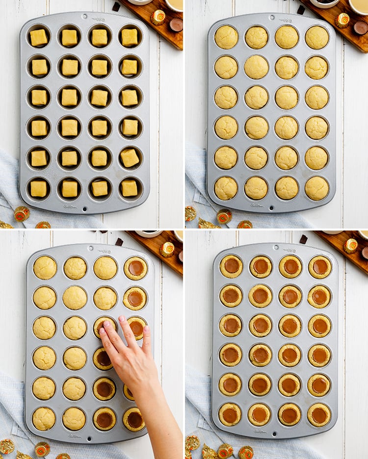 Step by step photos how to make reeses peanut butter cookie cups in a mini muffin tin