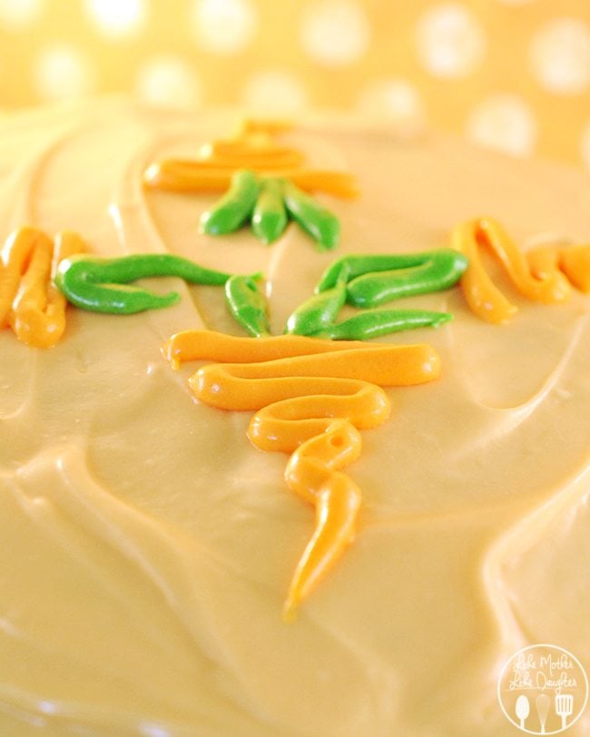 Close up view of carrot cake frosting.