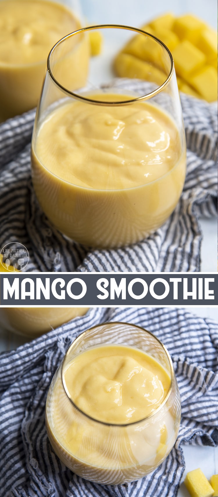 2 image collage of glasses of mango smoothie on a cloth with title card in between.