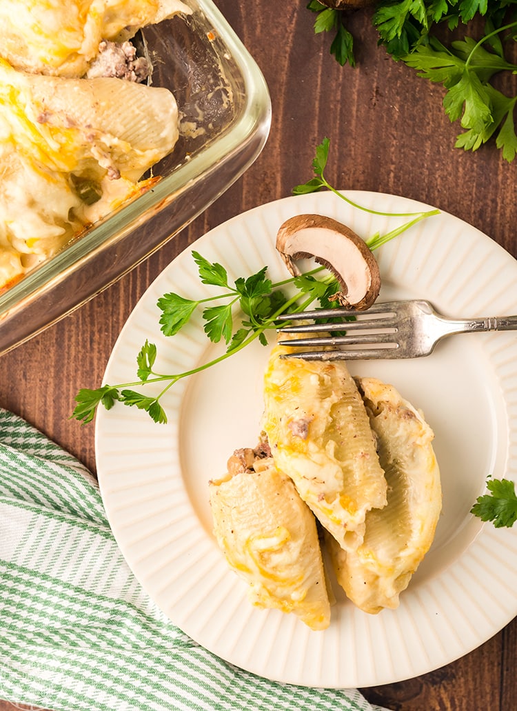 Philly Cheesesteak stuffed shells with melty cheese on top are the perfect dinner