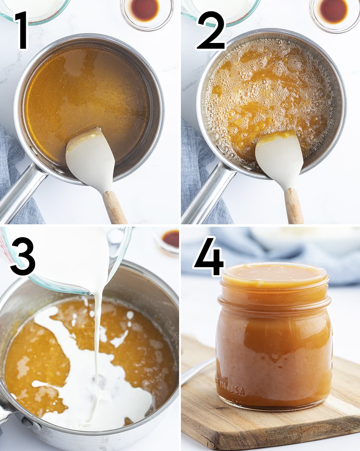 A collage of 4 photos showing how to make salted caramel sauce.