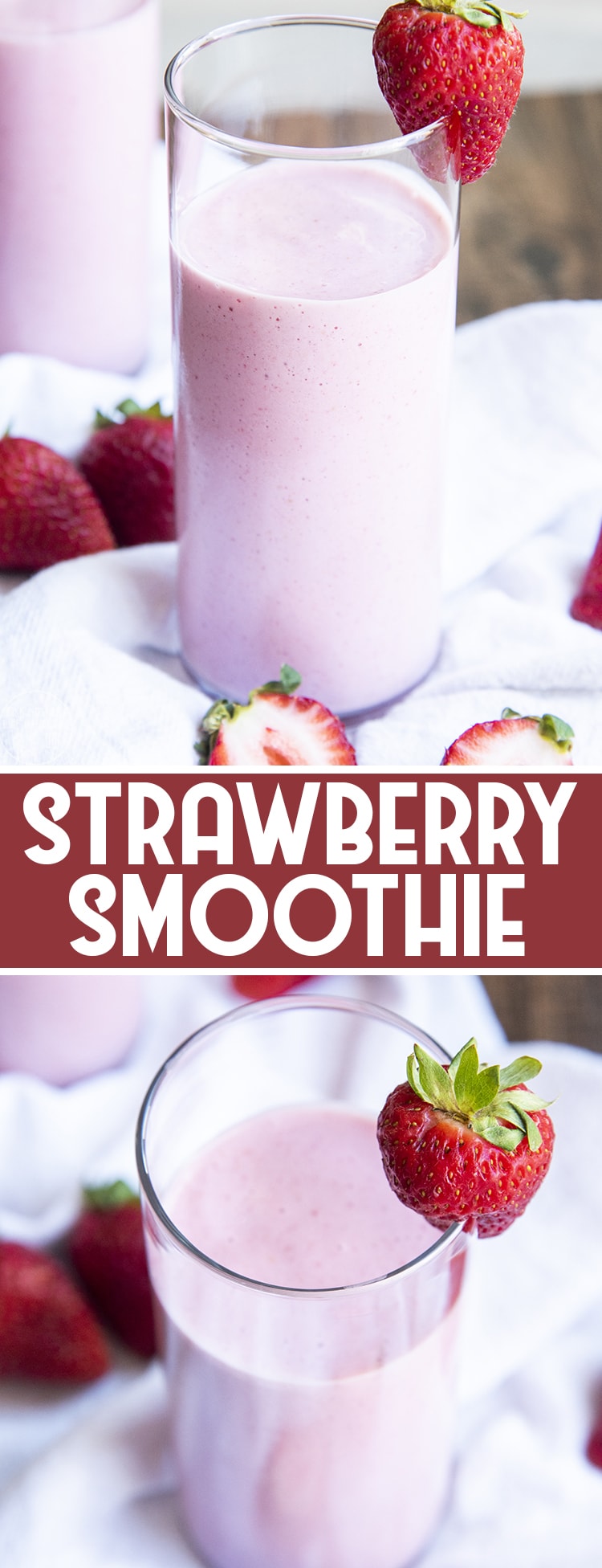 2 image collage of strawberry yogurt smoothie with close up and above shots with title card between.