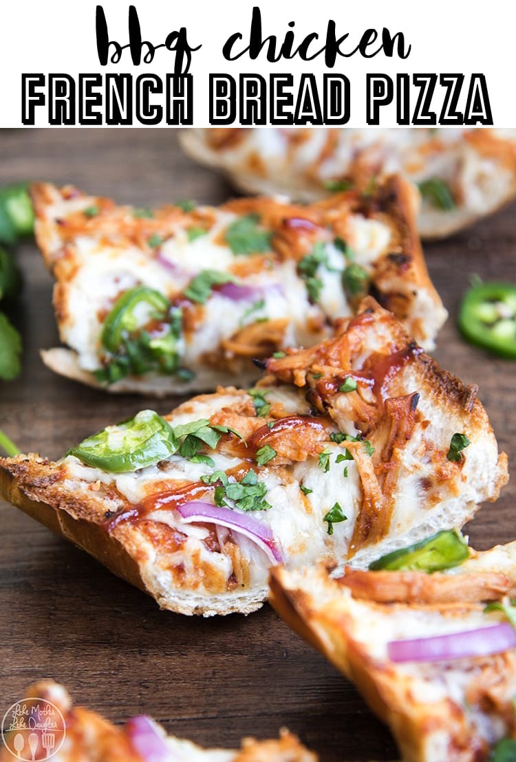 Slices of bbq chicken french bread pizza.