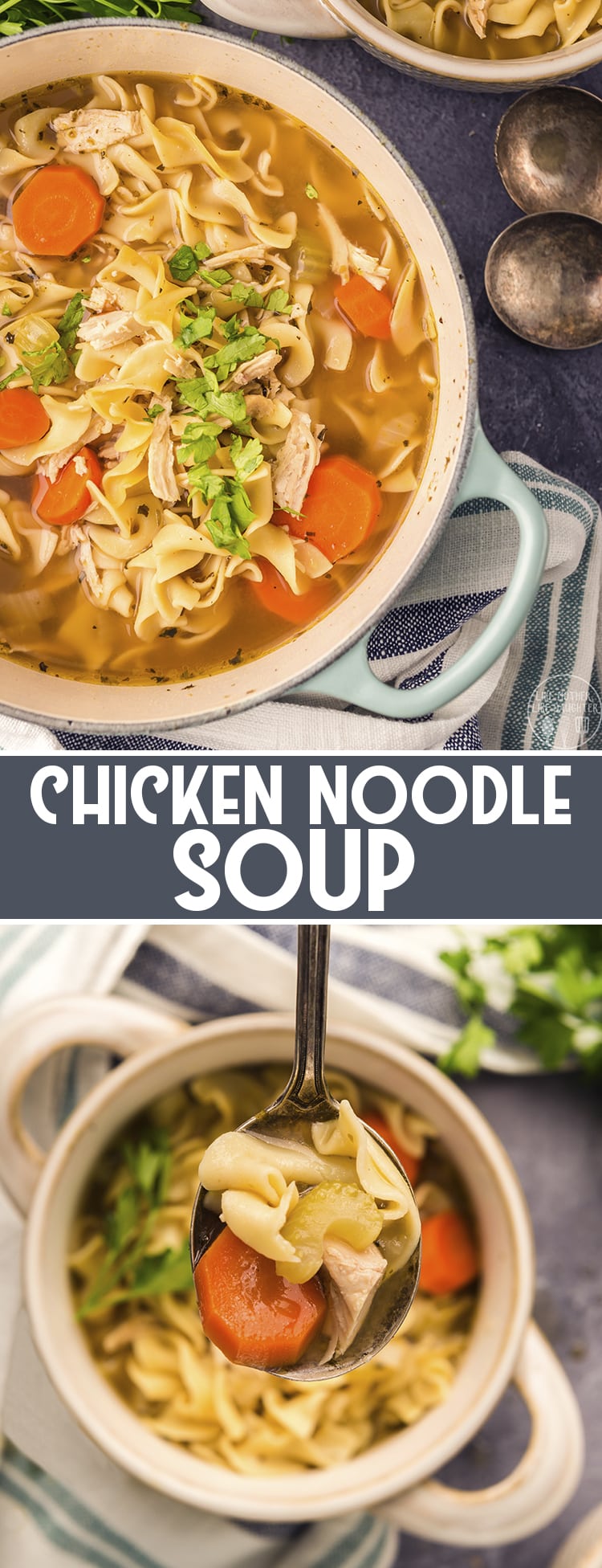 2 image collage of chicken noodle soup with close up and above shots with title card between them.