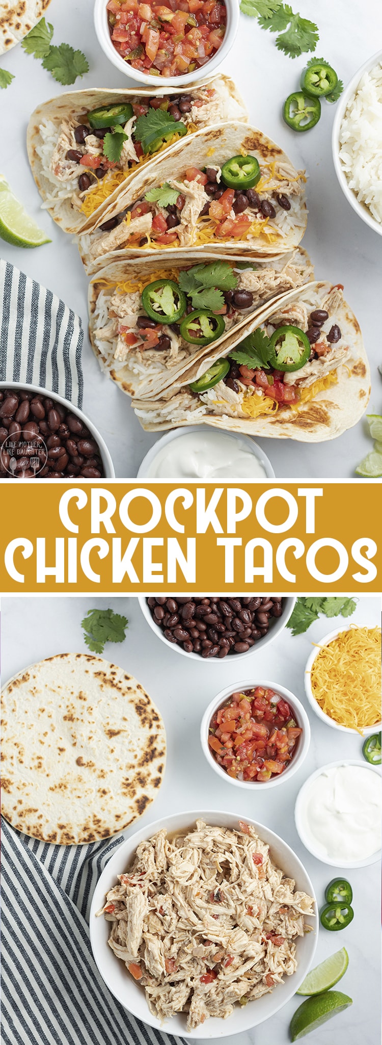 2 image collage of crockpot chicken tacos with above shots and ingredients visible with title card.