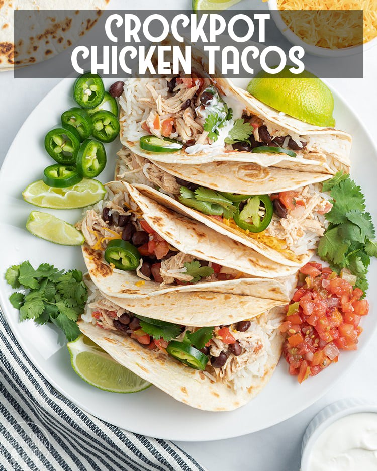 Above image of multiple crockpot chicken tacos with ingredients visible and white background on plate with title card.