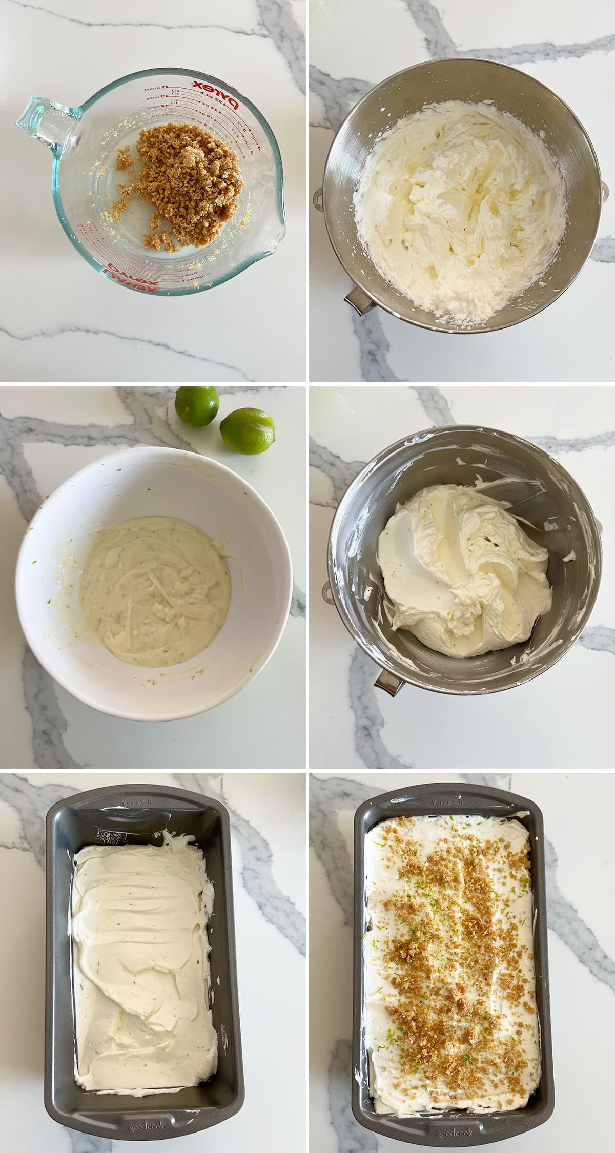A collage of 6 photos showing how to make key lime pie ice cream without an ice cream maker. 