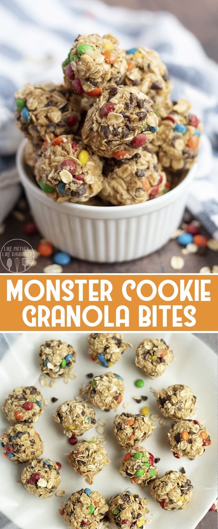 2 image collage of no bake monster cookie granola bites in a bowl and plate with title card.