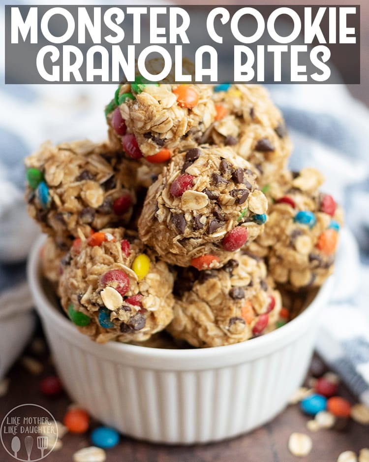 Above image of no bake monster cookie granola bites in a white ramekin with title card.