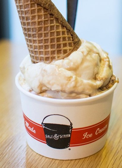 Close up view of a salt and straw ice cream in a cup.