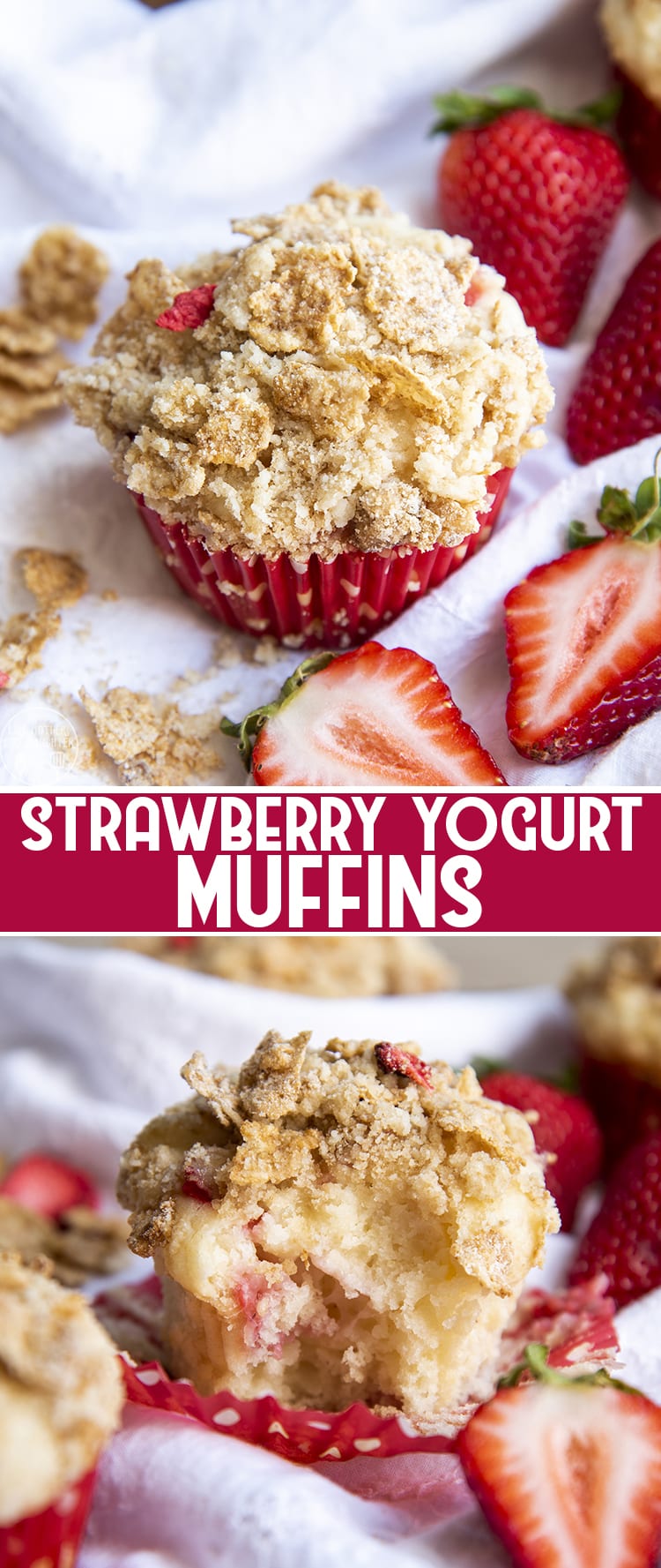 2 image collage of strawberry yogurt muffins with above and close up shots with title card.