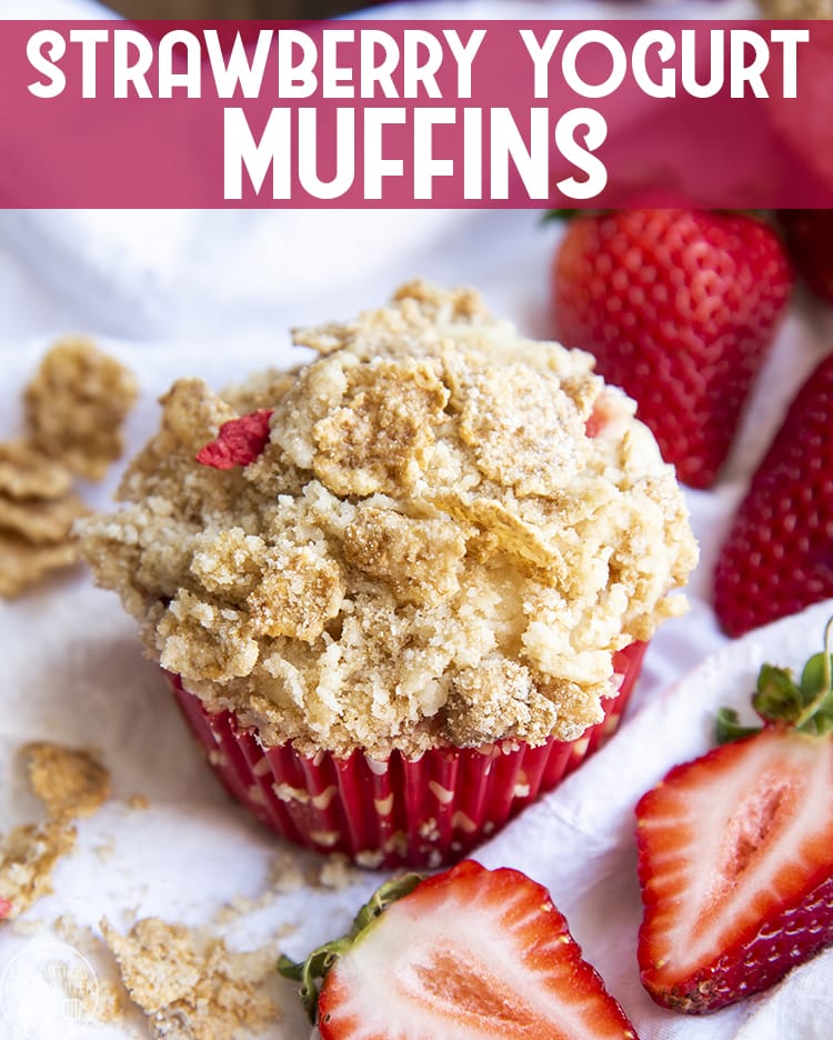 Close up shot of strawberry yogurt muffins with title card.
