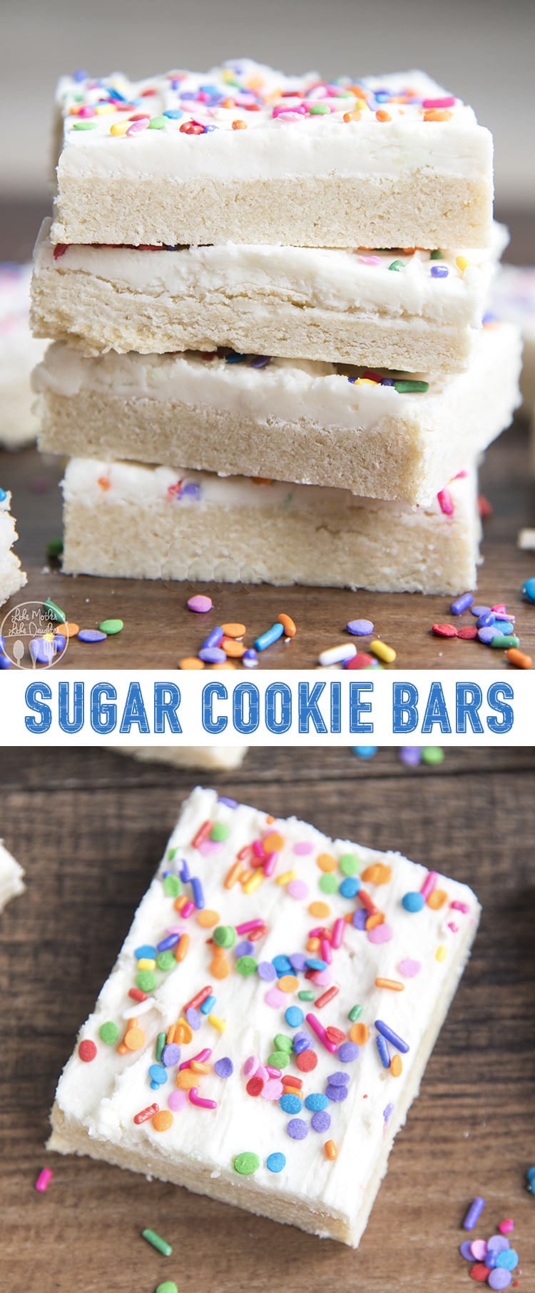 A collage of two photos of thick sugar cookie bars with a text block in the middle. 