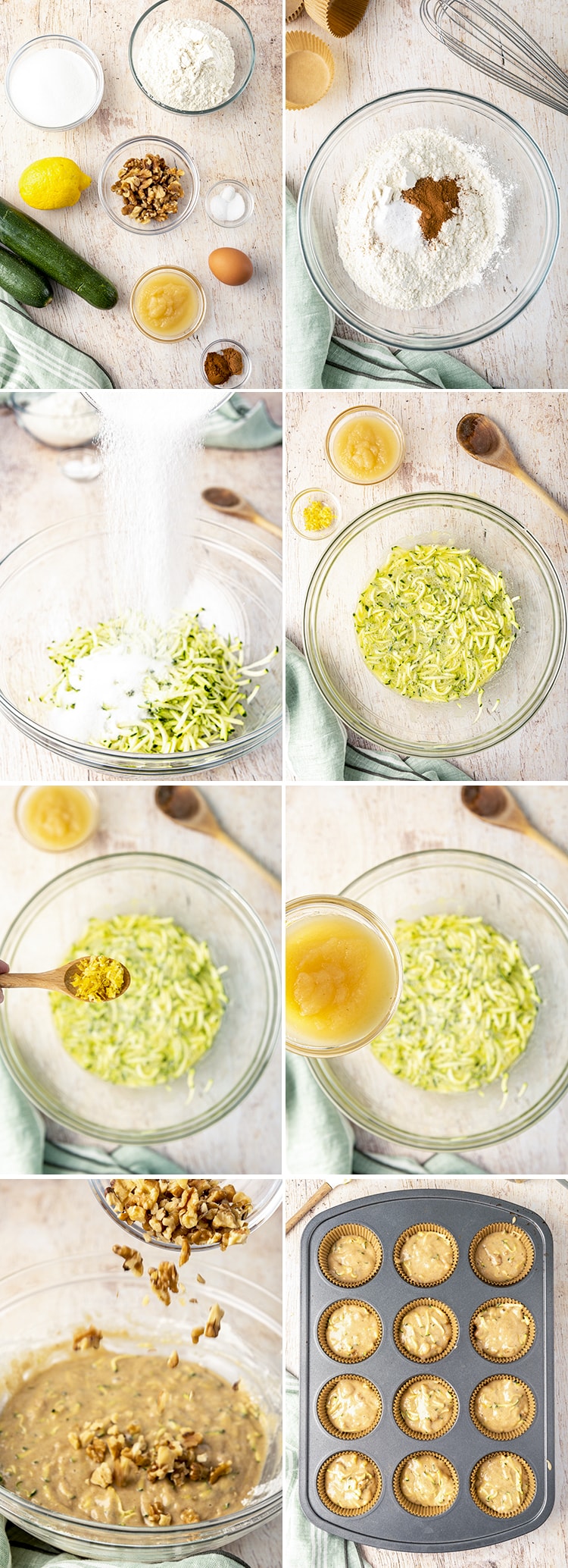 A collage of step by step photos on how to make zucchini muffins