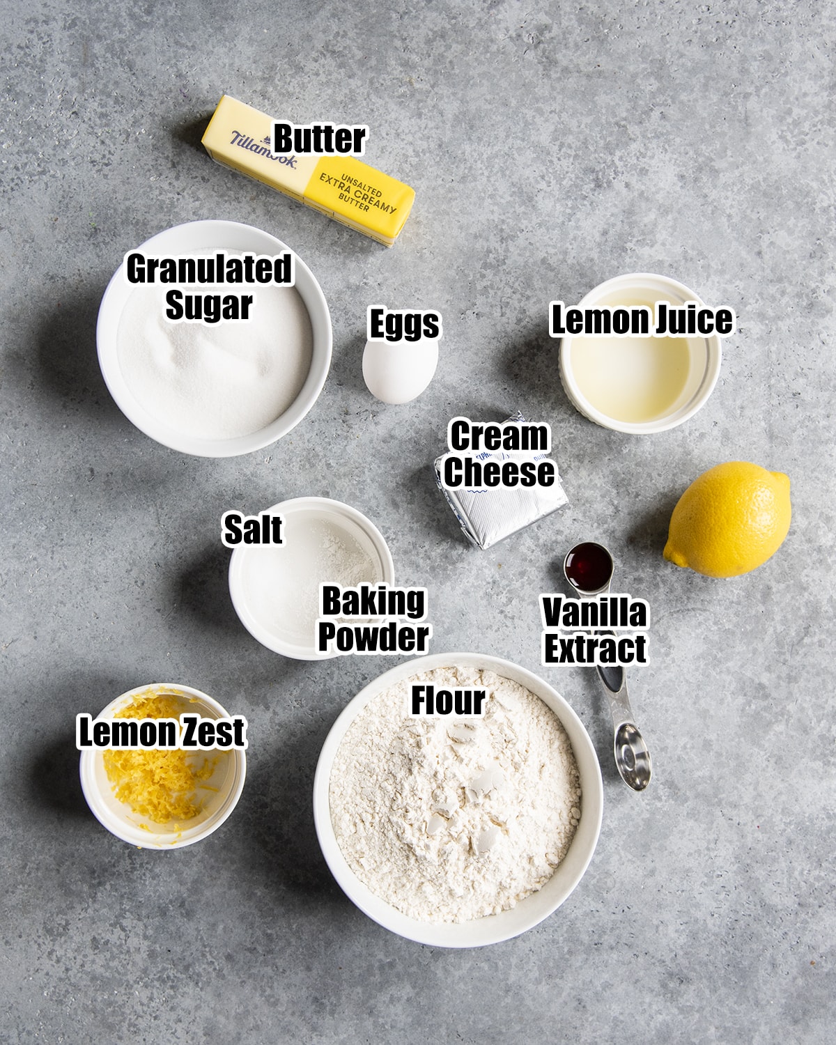 An overhead photo of the ingredients needed to make lemon sugar cookie bars.