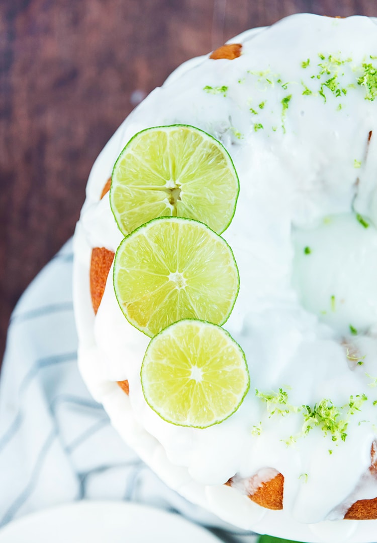 Lime Bundt Cake made with a cake mix and topped with lime glaze and lime zest