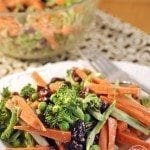 Close up view of carrot broccoli crunch salad on a plate.