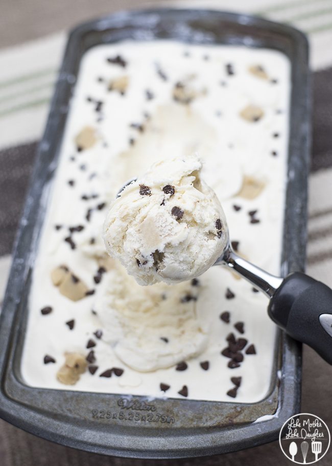 An ice cream scoopful of cookie dough and chocolate chip ice cream.