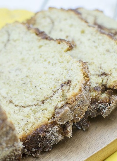 Close up view of cinnamon sugar crusted banana bread.