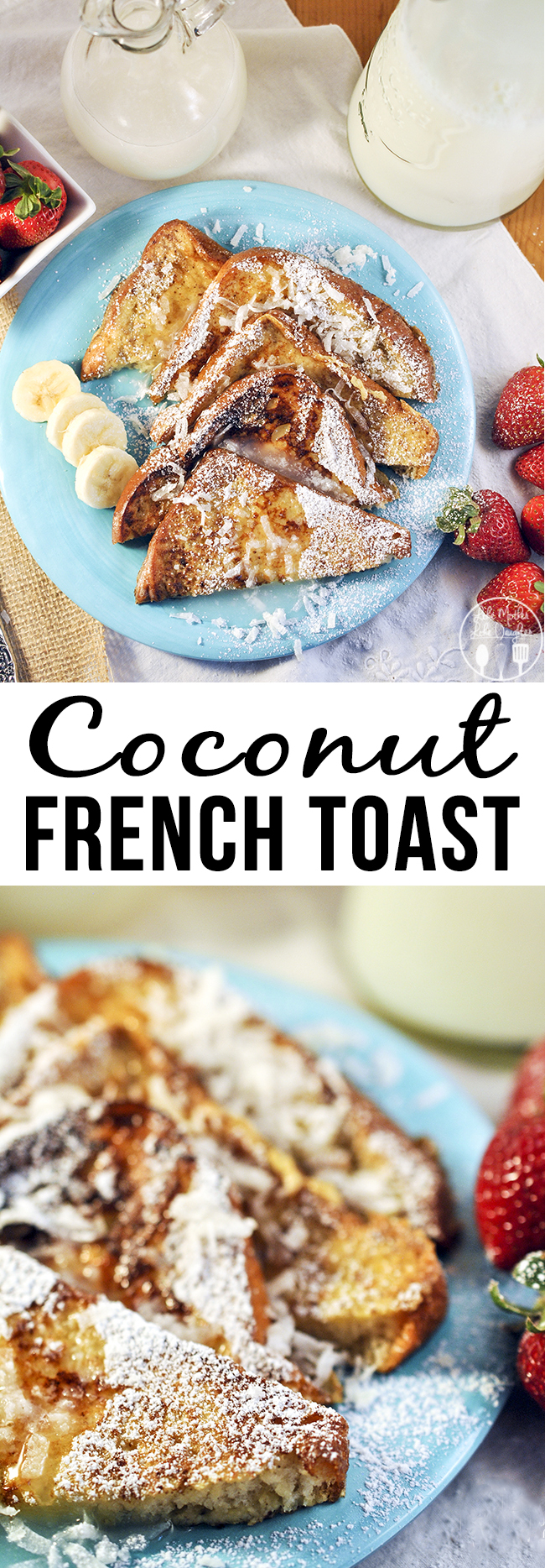 Title card for coconut french toast with text.