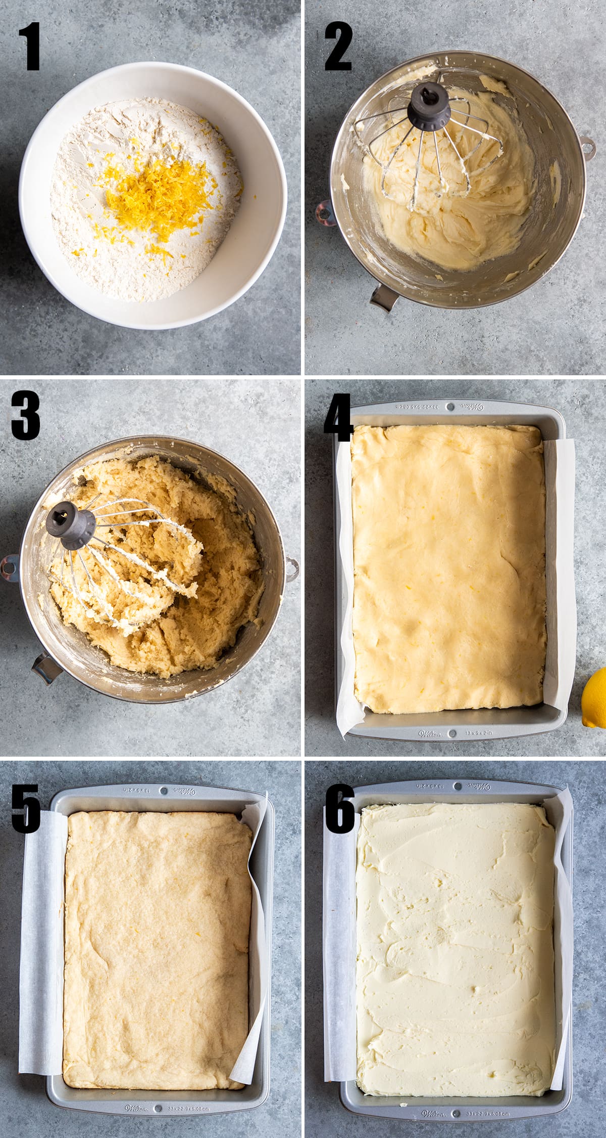 A collage of 6 photos showing the steps of how to make lemon sugar cookie bars. 