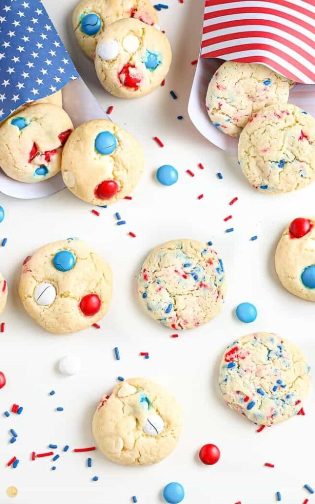 Cake mix cookies full of red white and blue m&ms and sprinkles. 